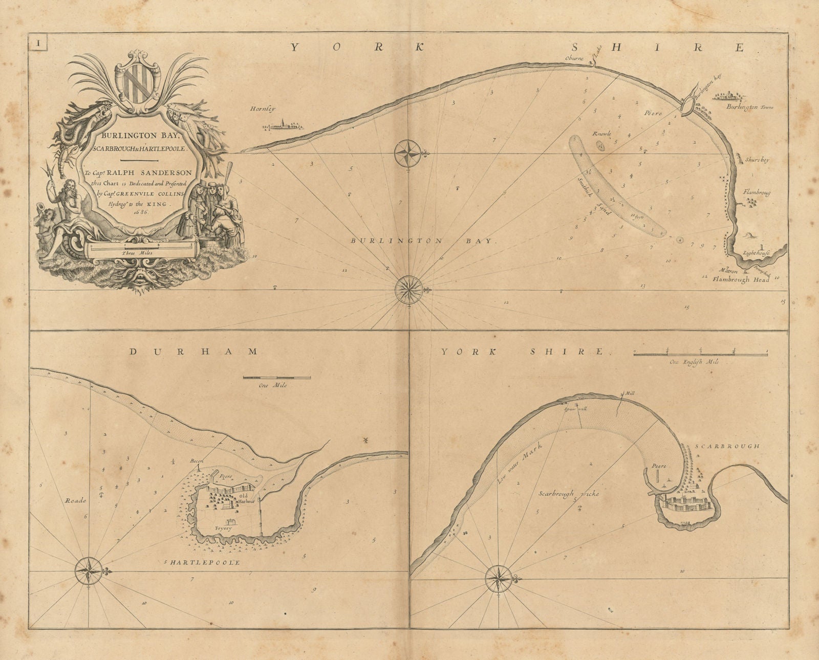 BURLINGTON BAY SCARBROUGH HARTLEPOOLE. Bridlington Scarborough. COLLINS 1693 map